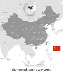 Grey Vector Map of China with Administrative borders, City and Region Names, international bordering countries and a 3D Globe centered on China