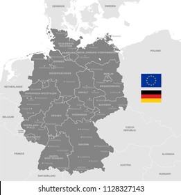Grey Vector Map of Germany with Administrative borders, City and Region Names and international bordering countries
