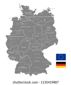 Grey Vector Map of Germany with Administrative borders and City and Region Names