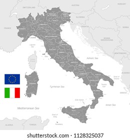 Grey Vector Map of Italy with Administrative borders, City and Region Names and international bordering countries