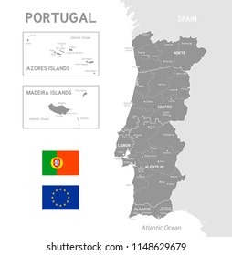 Grey Vector Map of Portugal with Administrative borders, City and Region Names and international bordering countries
