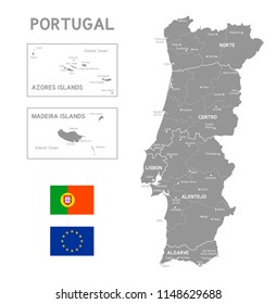Grey Vector Map of Portugal with Administrative borders, City and Region Names