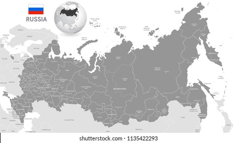 Grey Vector Map of Russia with Administrative borders, City and Region Names, international bordering countries and a 3D Globe centered on Russia