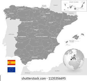 Grey Vector Map of Spain with Administrative borders, City and Region Names, international bordering countries and a 3D Globe centered on Spain