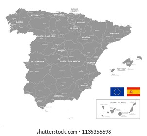 Grey Vector Map of spain with Administrative borders and City and Region Names