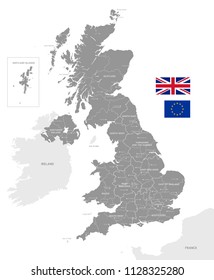 Grey Vector Map of the UK with Administrative borders, City and Region Names and international bordering countries