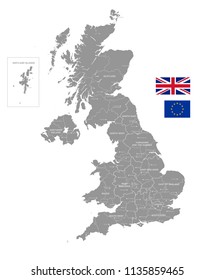 Grey Vector Map of the UK with Administrative borders and City and Region Names