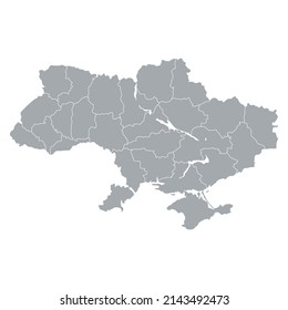 Grey Vector Map of Unified and undisputed Independent Ukraine with Administrative borders