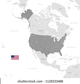 Grey Vector Map of USA with Administrative borders, City and Region Names and international bordering countries