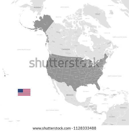 Grey Vector Map of USA with Administrative borders, City and Region Names and international bordering countries