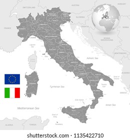 Grey Vector Political Map of Italy with full Region and Provinces Boundaries, completed with flags and a 3d Globe of Earth centered on Italy.