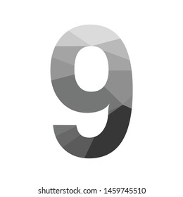 Grey vector polygon nine number font with long shadow.  Low poly illustration of flat design.