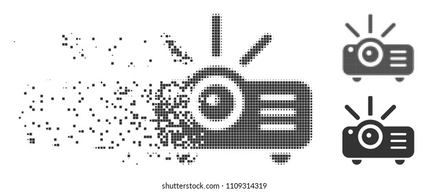 Grey vector projector icon in dissolved, pixelated halftone and undamaged entire versions. Disappearing effect involves square particles. Particles are grouped into disappearing projector form.