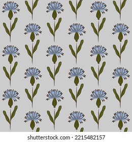 GREY VECTOR SEAMLESS BACKGROUND WITH LIGHT BLUE CORNFLOWER WILDFLOWERS