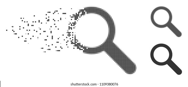 Grey vector search tool icon in fractured, pixelated halftone and undamaged entire versions. Disappearing effect involves square particles. Cells are combined into dissipated search tool icon.