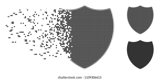 Grey vector shield icon in dispersed, pixelated halftone and undamaged solid variants. Disappearing effect involves square dots. Particles are composed into dissolving shield figure.