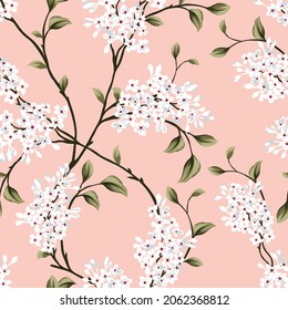 grey vector small flowers with green leaves pattern on pink background
