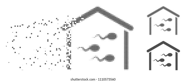 Grey vector sperm bank icon in fractured, pixelated halftone and undamaged whole versions. Disappearing effect involves square dots. Fragments are grouped into dissolving sperm bank form.