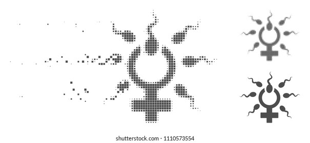 Grey vector sperm penetration icon in dispersed, pixelated halftone and undamaged solid variants. Disintegration effect uses rectangle particles.