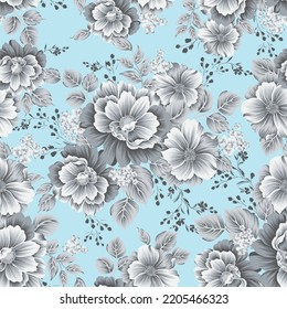 grey vector stock flowers with leaf bunches pattern on blue background