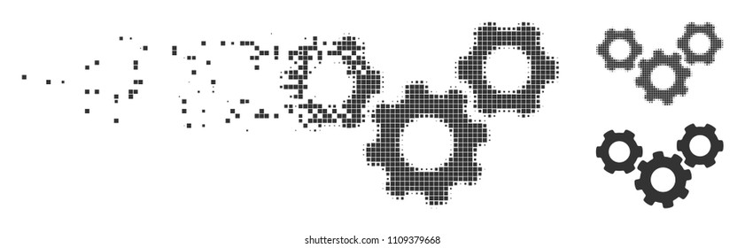 Grey vector system gears icon in dissolved, dotted halftone and undamaged entire versions. Disintegration effect uses rectangular particles. Fragments are composed into dispersed system gears shape.