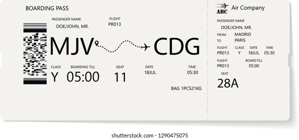 Grey vector template of boarding pass ticket. Concept of trip, journey or travel by plane.