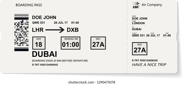 Grey vector template of boarding pass ticket. Concept of trip, journey or travel by plane.