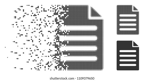 Grey vector text page icon in fractured, dotted halftone and undamaged solid versions. Disappearing effect uses rectangular particles. Cells are combined into dissolving text page form.