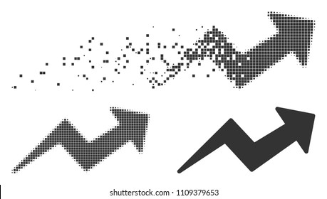 Grey vector trend up arrow icon in dissolved, dotted halftone and undamaged solid versions. Disintegration effect uses rectangle particles. Points are grouped into dispersed trend up arrow pictogram.