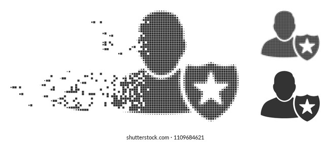 Grey vector user protection shield icon in dispersed, pixelated halftone and undamaged whole variants. Rectangular dots are used for disintegration effect.
