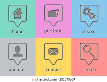 Grey vector website menu icons on colorful rectangles