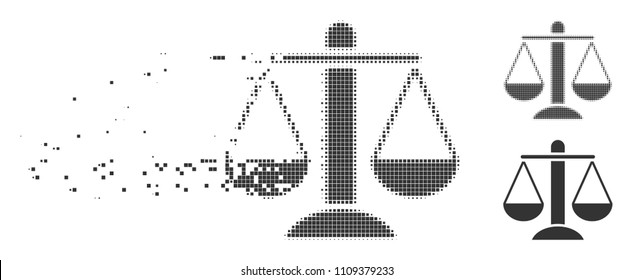 Grey vector weight scales icon in dissolved, pixelated halftone and undamaged solid versions. Disappearing effect involves rectangle dots. Points are arranged into dissipated weight scales pictogram.