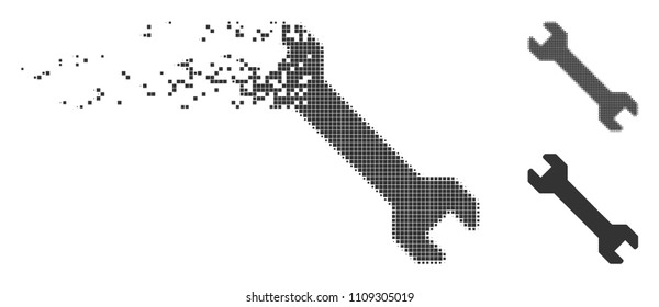 Grey vector wrench icon in dispersed, dotted halftone and undamaged entire variants. Disintegration effect uses square dots. Elements are composed into disappearing wrench symbol.