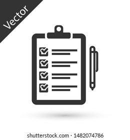 Grey Verification of delivery list clipboard and pen icon isolated on white background.  Vector Illustration