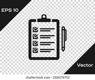 Grey Verification of delivery list clipboard and pen icon isolated on transparent background.  Vector Illustration