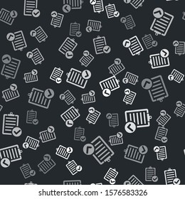 Grey Verification of delivery list clipboard and pen icon isolated seamless pattern on black background.  Vector Illustration