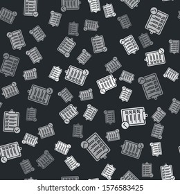 Grey Verification of delivery list clipboard and pen icon isolated seamless pattern on black background.  Vector Illustration