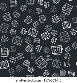 Grey Verification of delivery list clipboard and pen icon isolated seamless pattern on black background.  Vector Illustration
