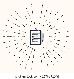 Grey Verification of delivery list clipboard and pen icon isolated on beige background. Abstract circle random dots. Vector Illustration