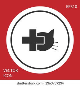 Grey Veterinary clinic symbol icon isolated on red background. Cross with cat veterinary care. Pet First Aid sign. White circle button. Vector Illustration