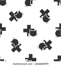 Grey Veterinary clinic symbol icon isolated seamless pattern on white background. Cross with cat veterinary care. Pet First Aid sign. Vector Illustration