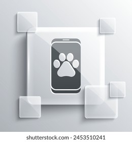 Grey Veterinary clinic symbol icon isolated on grey background. Cross hospital sign. A stylized paw print dog or cat. Pet First Aid sign. Square glass panels. Vector