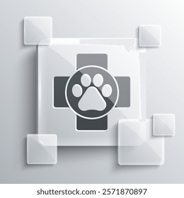 Grey Veterinary clinic symbol icon isolated on grey background. Cross hospital sign. A stylized paw print dog or cat. Pet First Aid sign. Square glass panels. Vector