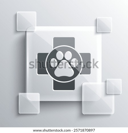 Grey Veterinary clinic symbol icon isolated on grey background. Cross hospital sign. A stylized paw print dog or cat. Pet First Aid sign. Square glass panels. Vector