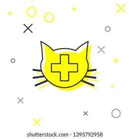 Grey Veterinary clinic symbol line icon isolated on white background. Cross with cat veterinary care. Pet First Aid sign. Vector Illustration