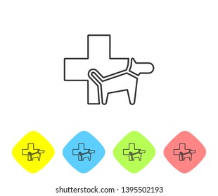 Grey Veterinary clinic symbol line icon isolated on white background. Cross with dog veterinary care. Pet First Aid sign. Set icon in color rhombus buttons. Vector Illustration