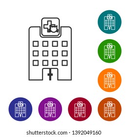 Grey Veterinary medicine hospital, clinic or pet shop for animals line icon isolated on white background. Vet or veterinarian clinic. Set icon in color circle buttons. Vector Illustration
