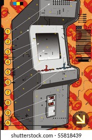 Grey video arcade machine on a red screw background.