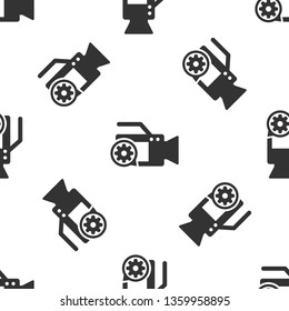 Grey Video camera and gear icon isolated seamless pattern on white background. Adjusting app, service concept, setting options, maintenance, repair, fixing. Vector Illustration