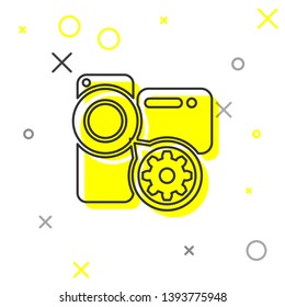 Grey Video camera and gear line icon isolated on white background. Adjusting app, service concept, setting options, maintenance, repair, fixing. Vector Illustration